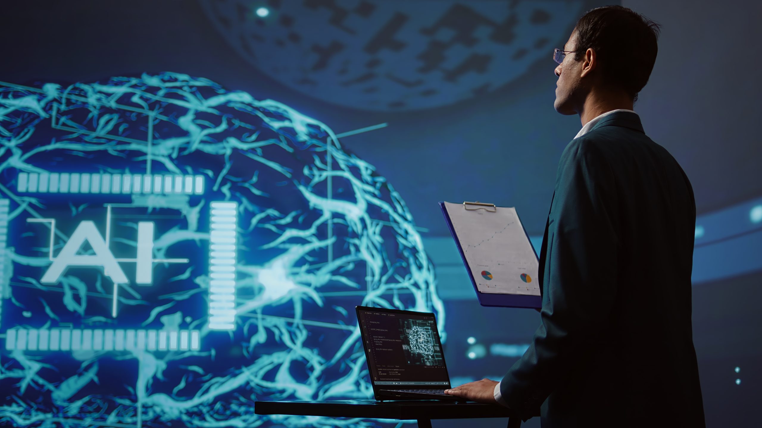 AI development process showing data analysis, model training, and intelligent system deployment